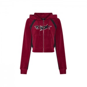 Trapstar TS-Star Contrast Panel Velour Hoodie Hættetrøje Dame Bordeaux Danmark | GL49-736