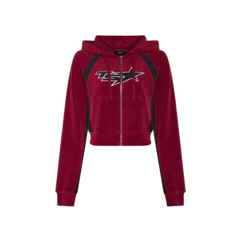 Trapstar TS-Star Contrast Panel Velour Hoodie Hættetrøje Dame Bordeaux Danmark | GL49-736